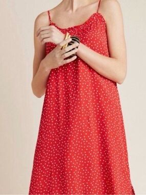 ANTHROPOLOGIE SEEN WORN KEPT Polka Dot Slit Dress Red White Midi Ruffle